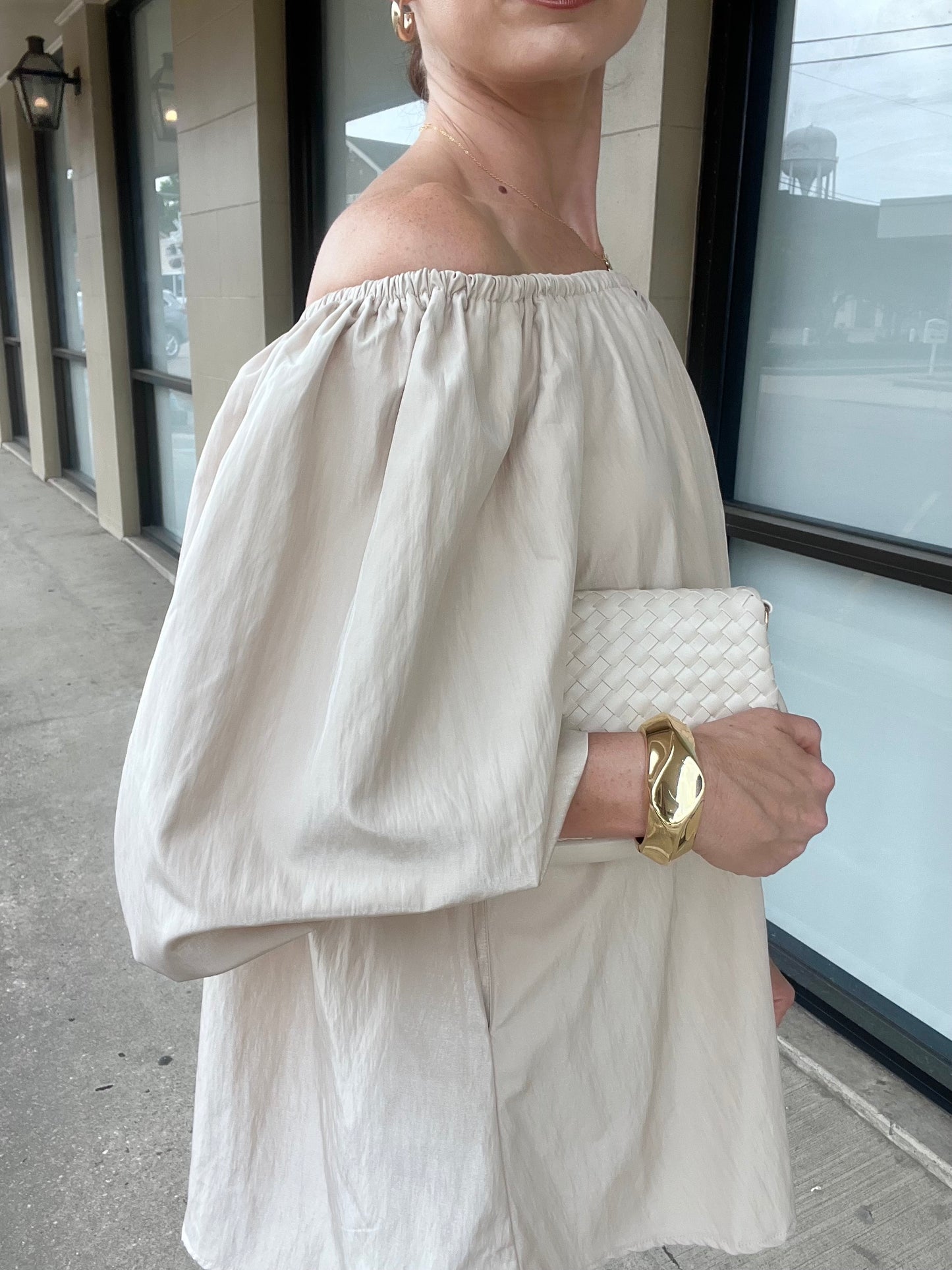 The Sutton Off The Shoulder Taupe Mini Dress