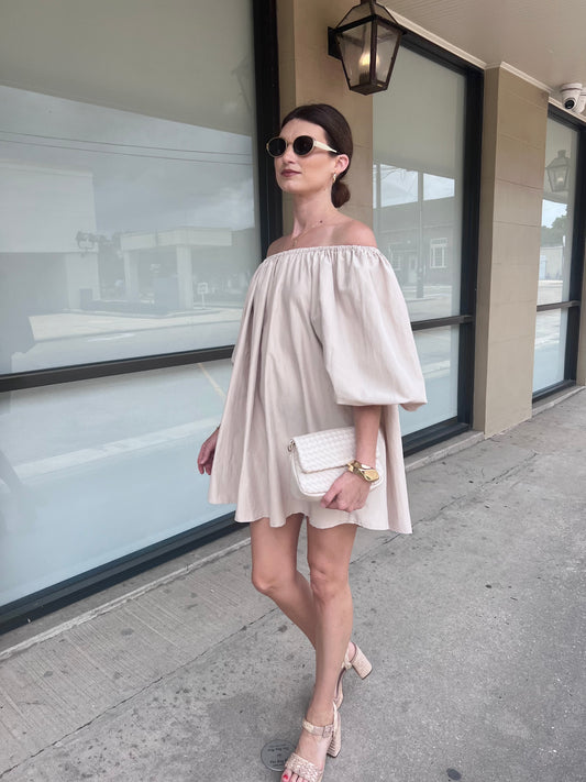 The Sutton Off The Shoulder Taupe Mini Dress
