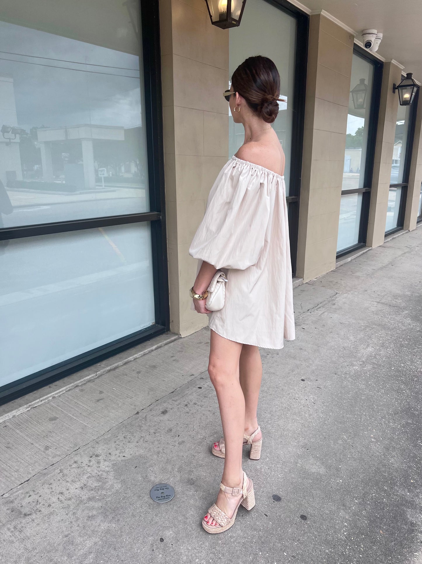 The Sutton Off The Shoulder Taupe Mini Dress